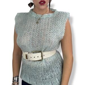 1970's ice blue mohair hand knit mock neck wide sleeve blouse